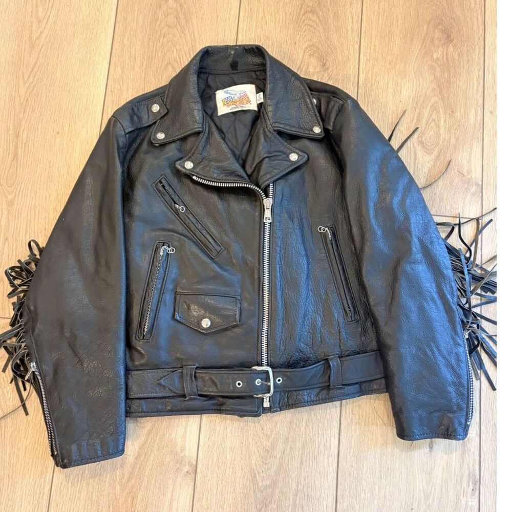 Vintage Excelled USA Black Leather Fringe Biker Jacket Women's Medium
